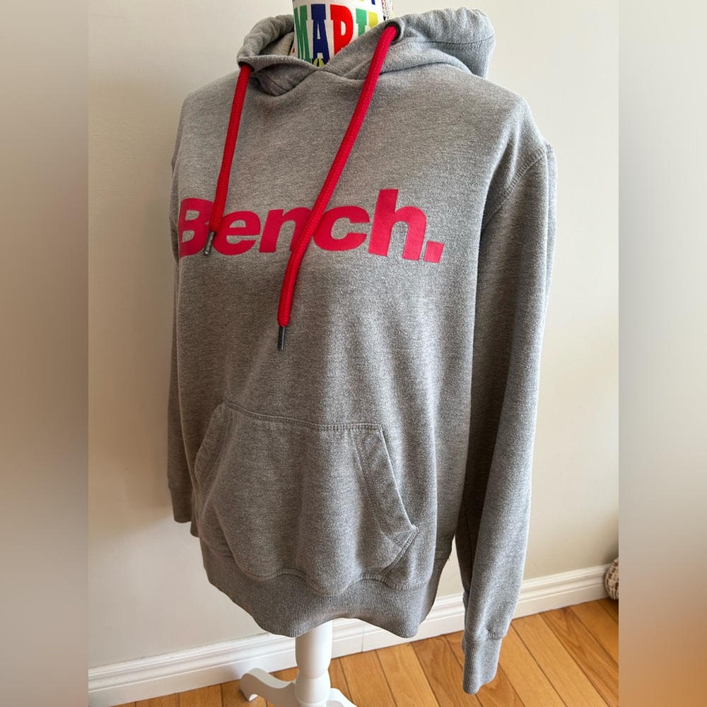 Bench Heather Gray Hoodie with Bold Red Logo and Kangaroo Pocket